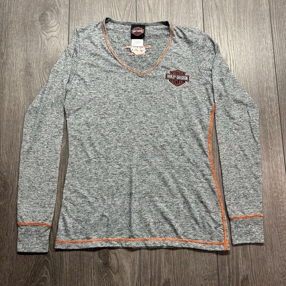 Harley-Davidson Tops - Harley-Davidson Womens Small Gray Orange Stitch Long Sleeve V-Neck Shirt Y2K